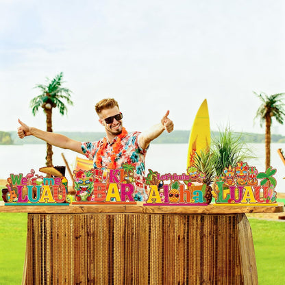 4 Pcs Luau Party Decorations Wooden Table Decorations Tiki Bar Aloha Table Centerpieces Tropical Luau Welcome Wood Signs Hawaiian Party Decorations for Summer Beach Party Decor