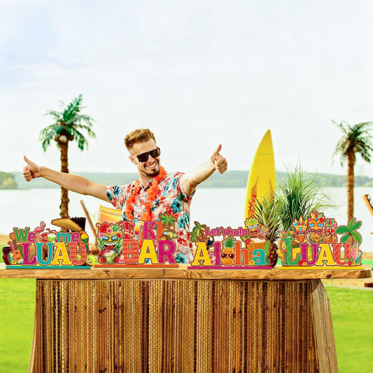 4 Pcs Luau Party Decorations Wooden Table Decorations Tiki Bar Aloha Table Centerpieces Tropical Luau Welcome Wood Signs Hawaiian Party Decorations for Summer Beach Party Decor