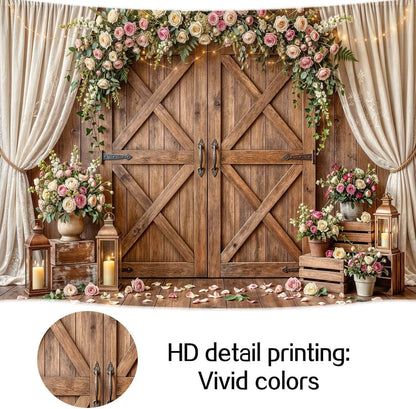 10x8ft Country Wedding Photography Backdrop Rustic Barn Door Photography Backdrop Farmhouse Pink Flower Cabin Wooden Birthday Baby Shower Wedding Bridal Party Banner Photo Booth Props Background