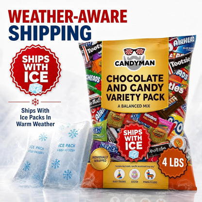 CANDYMAN Bulk Candy Variety Pack - 80+ Pieces, 2 LB Individually Wrapped Chocolate & Candy Mix, Father's Day, Fillers, Piñata Stuffers, Party Favors, Goodie Bags, Father's Day, Ship with Ice