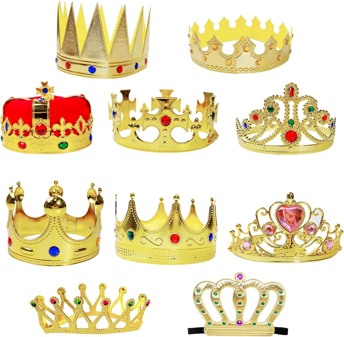 10 Pcs Royal King Crown Set for Kids Queen, Prince, and Princess Crown Plastic King Crown Jeweled Costume Accessory for Party Prom Adult Boy Girl