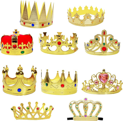 10 Pcs Royal King Crown Set for Kids Queen, Prince, and Princess Crown Plastic King Crown Jeweled Costume Accessory for Party Prom Adult Boy Girl