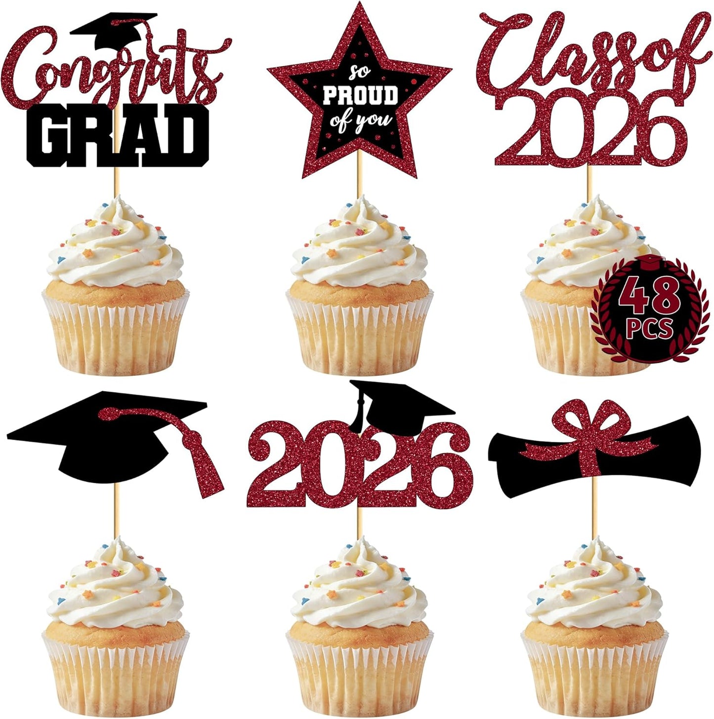 48 PCS Graduation Cupcake Toppers, Glittery 6 Styles Congrats Grad Cake Topper, Black and Red Graduation Decorations 2026, Cap and Diploma Cake Picks for Grad Party Supplies