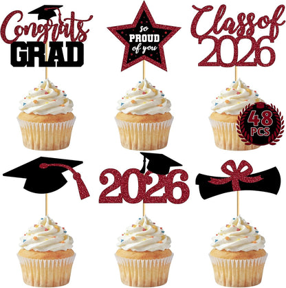 48 PCS Graduation Cupcake Toppers, Glittery 6 Styles Congrats Grad Cake Topper, Black and Red Graduation Decorations 2026, Cap and Diploma Cake Picks for Grad Party Supplies