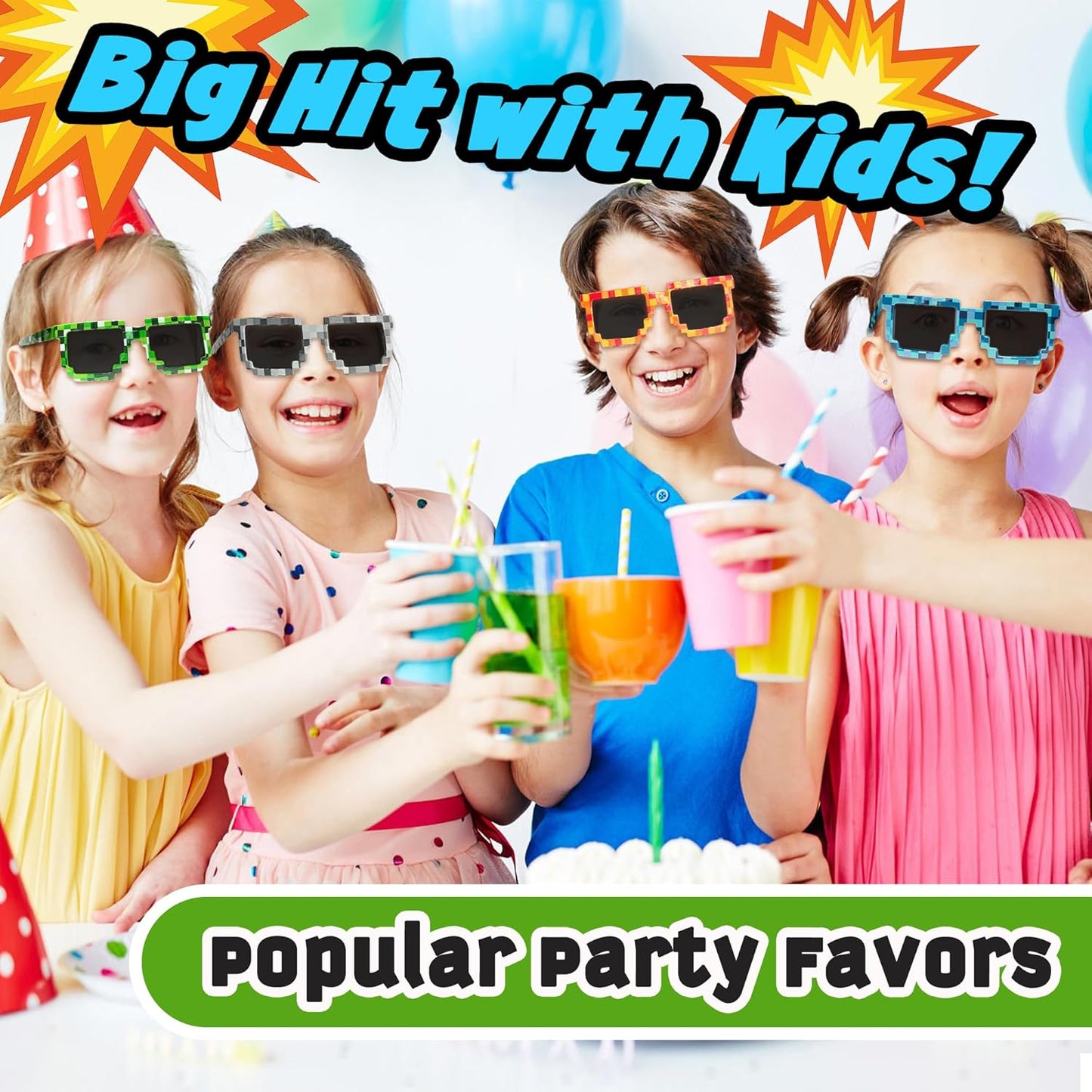 kilofly 10pc 8-Bit Pixel UV Protect Gamer Sunglasses Adult Kids Party Favors