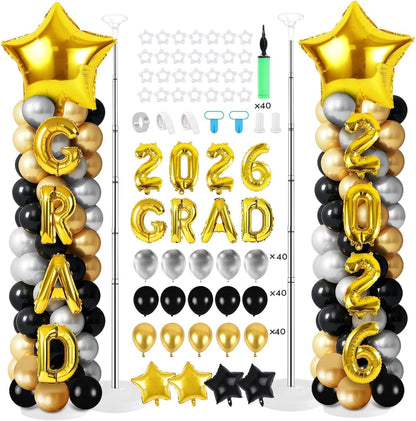 2 Sets Graduation Balloon Column Stand Kits with Balloons 2026 Grad Themed Decoration Navy Blue Balloon Tower Stand Kit for Grad High School & College Celebration Party Decor