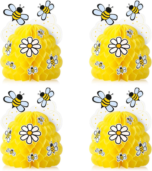 Zonon 4 Pieces Honey Bee Centerpieces Honeycomb Decorations Yellow Bee Honeycomb Table Centerpieces with Sunflower Stickers for Bee Day Gender Reveal Birthday Party Decoration