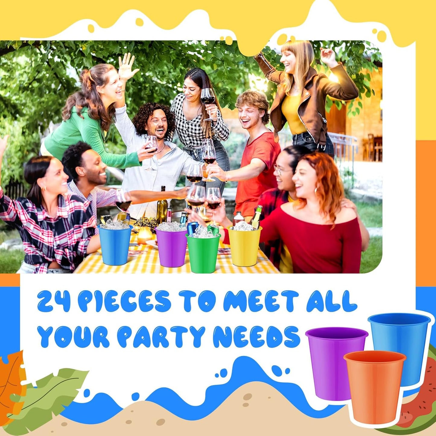 Layhit 24 Pcs Plastic Ice Buckets for Parties 3 Liters Wine Bucket Portable Ice Holder Disposable Wine Cooler for Party Wedding Party Beverages Champagne Soda and Beer (Gold)