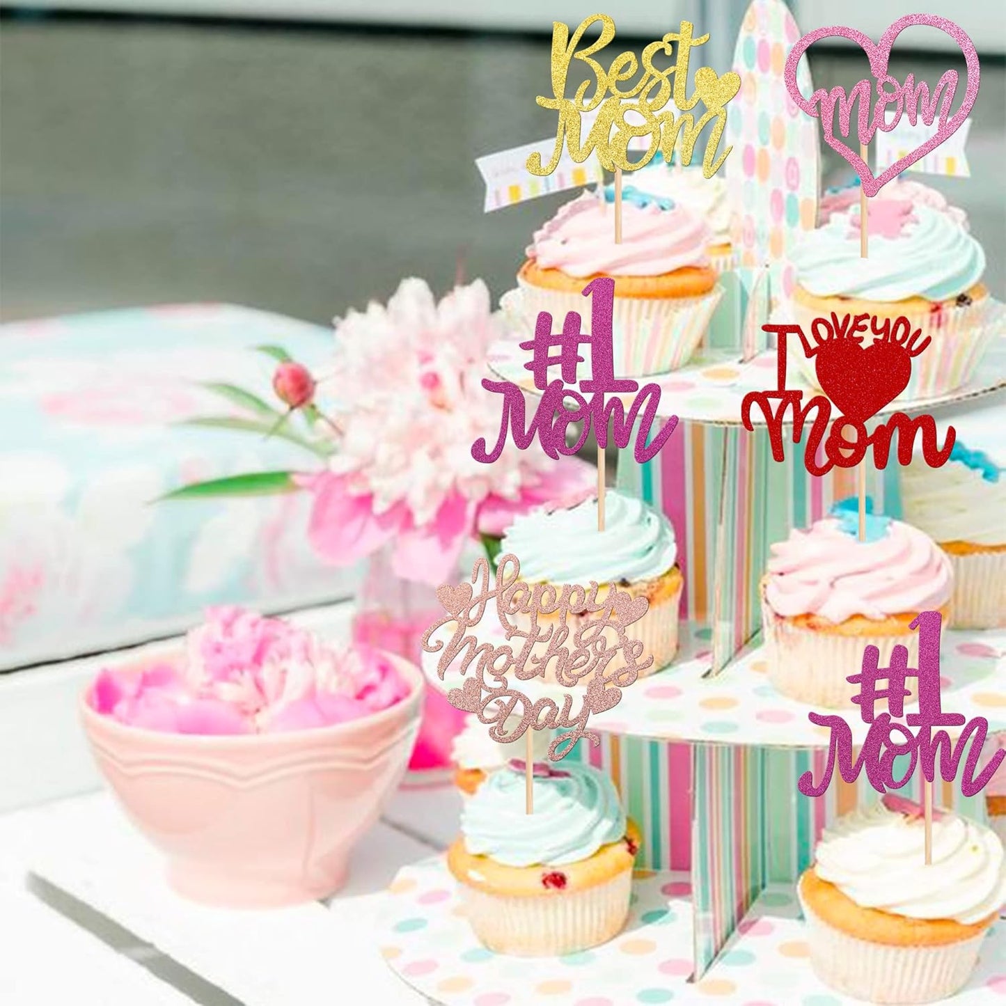 24 PCS Happy Mother's Day Cupcake Toppers with Glitter Heart Love Mother Best Mom Cupcake Picks for Happy Mother's Day Theme Women Birthday Party Cake Decorations Supplies Rose Gold