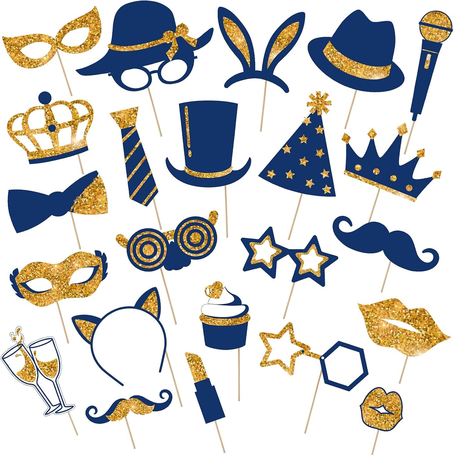 Zonon 24 Pcs Funny Photo Booth Props Class of 2026 Graduation Birthday Wedding Family Class Reunion Prom Disco Party Celebration Decoration Supplies Mix of Hats, Lipstick, Tie(Blue and Black)