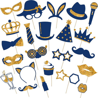 Zonon 24 Pcs Funny Photo Booth Props Class of 2026 Graduation Birthday Wedding Family Class Reunion Prom Disco Party Celebration Decoration Supplies Mix of Hats, Lipstick, Tie(Blue and Black)