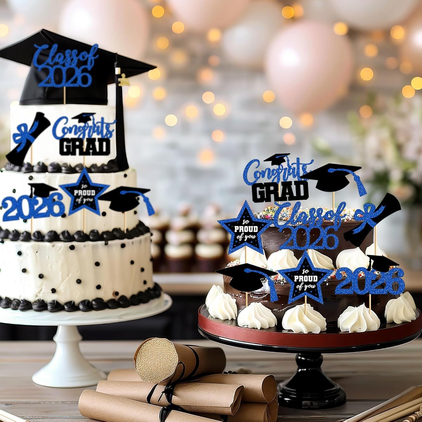 48 PCS Graduation Cupcake Toppers, Glittery 6 Styles Congrats Grad Cake Topper, Black and Red Graduation Decorations 2026, Cap and Diploma Cake Picks for Grad Party Supplies