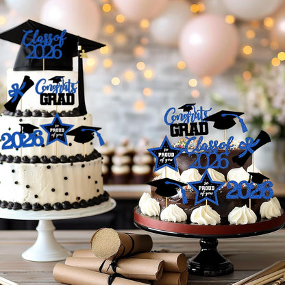 48 PCS Graduation Cupcake Toppers, Glittery 6 Styles Congrats Grad Cake Topper, Black and Red Graduation Decorations 2026, Cap and Diploma Cake Picks for Grad Party Supplies