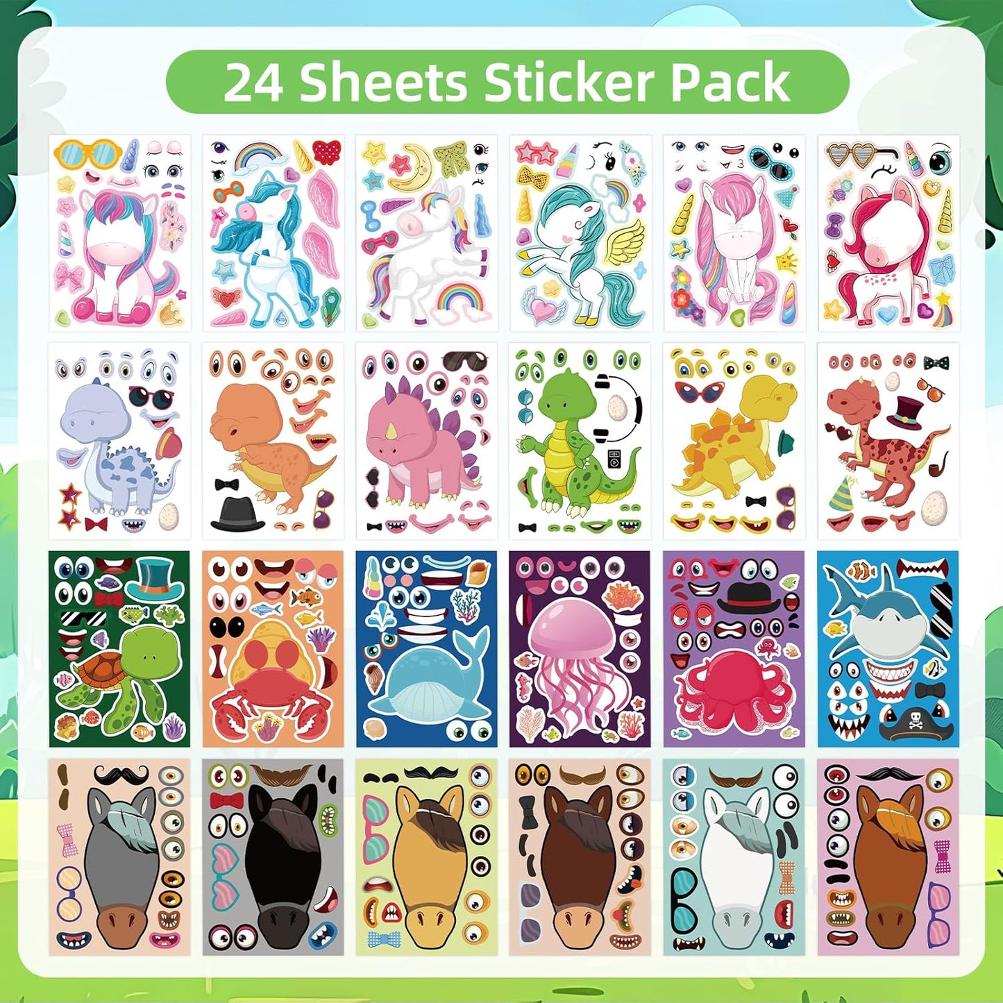 24 Sheets 8.27''×5.9'' Make Your Own Stickers for Kids Toddlers, Make a Face Stickers Mix and Match with Unicorns Dinosaur Horse and Sea Animals for Kids Party Favors Activities