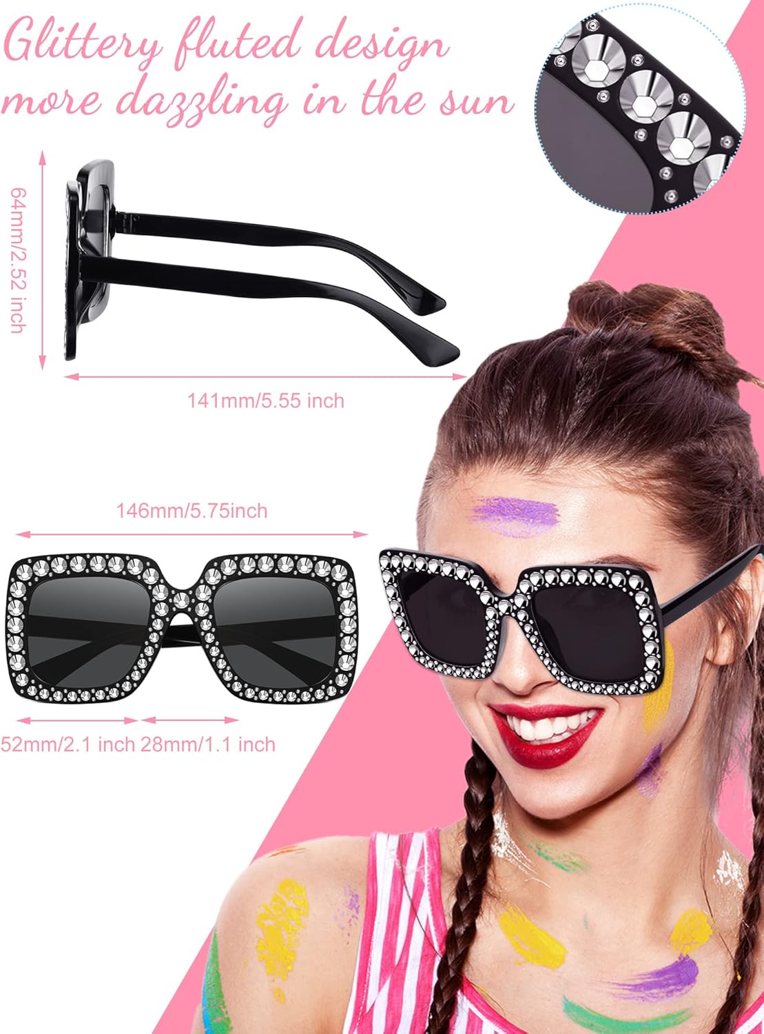 Flutesan 12 Pairs Women Disco Sunglasses Crystal Oversized Sunglasses 70s Rhinestone Diamond Retro Glasses for Rave Festival