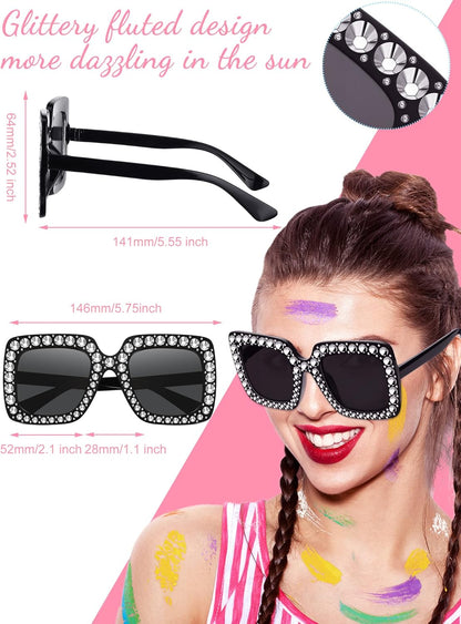 Flutesan 12 Pairs Women Disco Sunglasses Crystal Oversized Sunglasses 70s Rhinestone Diamond Retro Glasses for Rave Festival