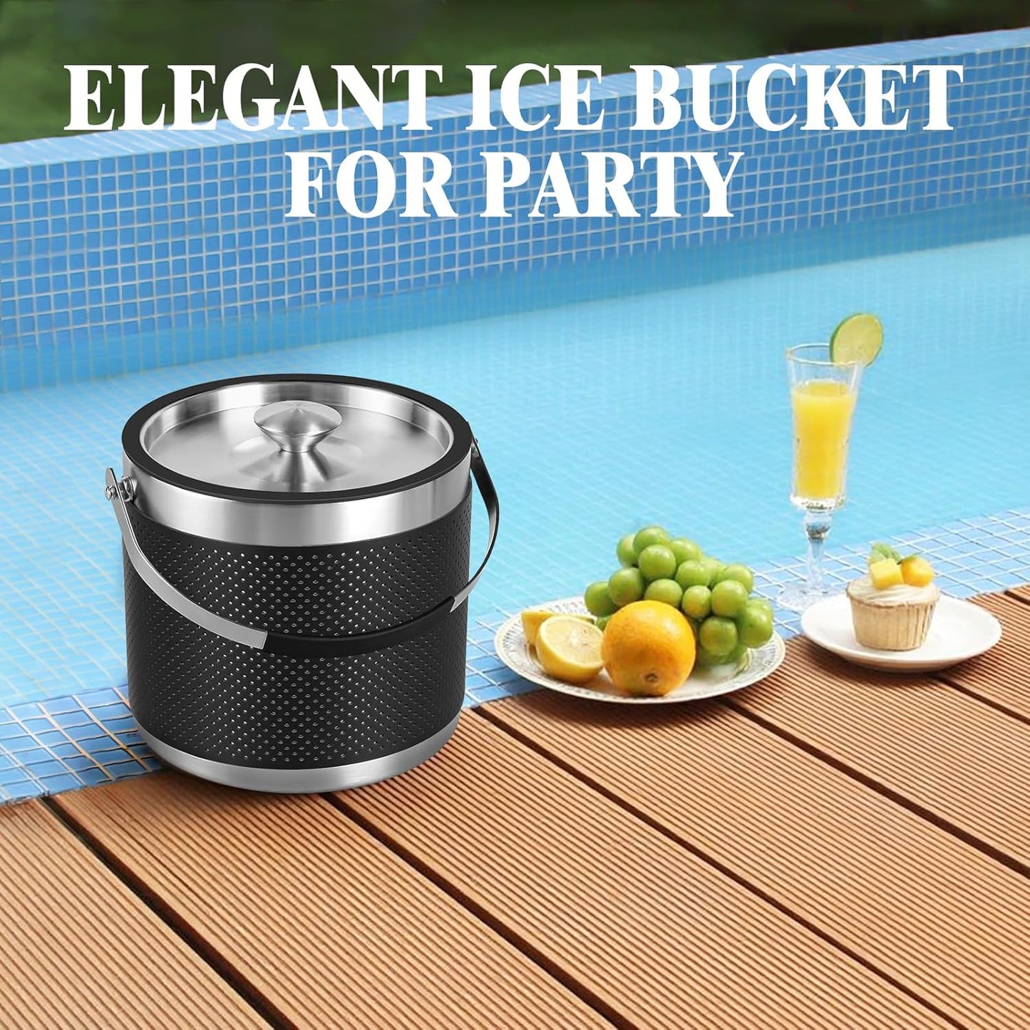 3.4Quart/3.2L Insulated Stainless Steel Ice Bucket with Lid, Scoop, Leather Design Double Wall Wine Bucket for Cocktail Bar, Parties (Dark Blue)