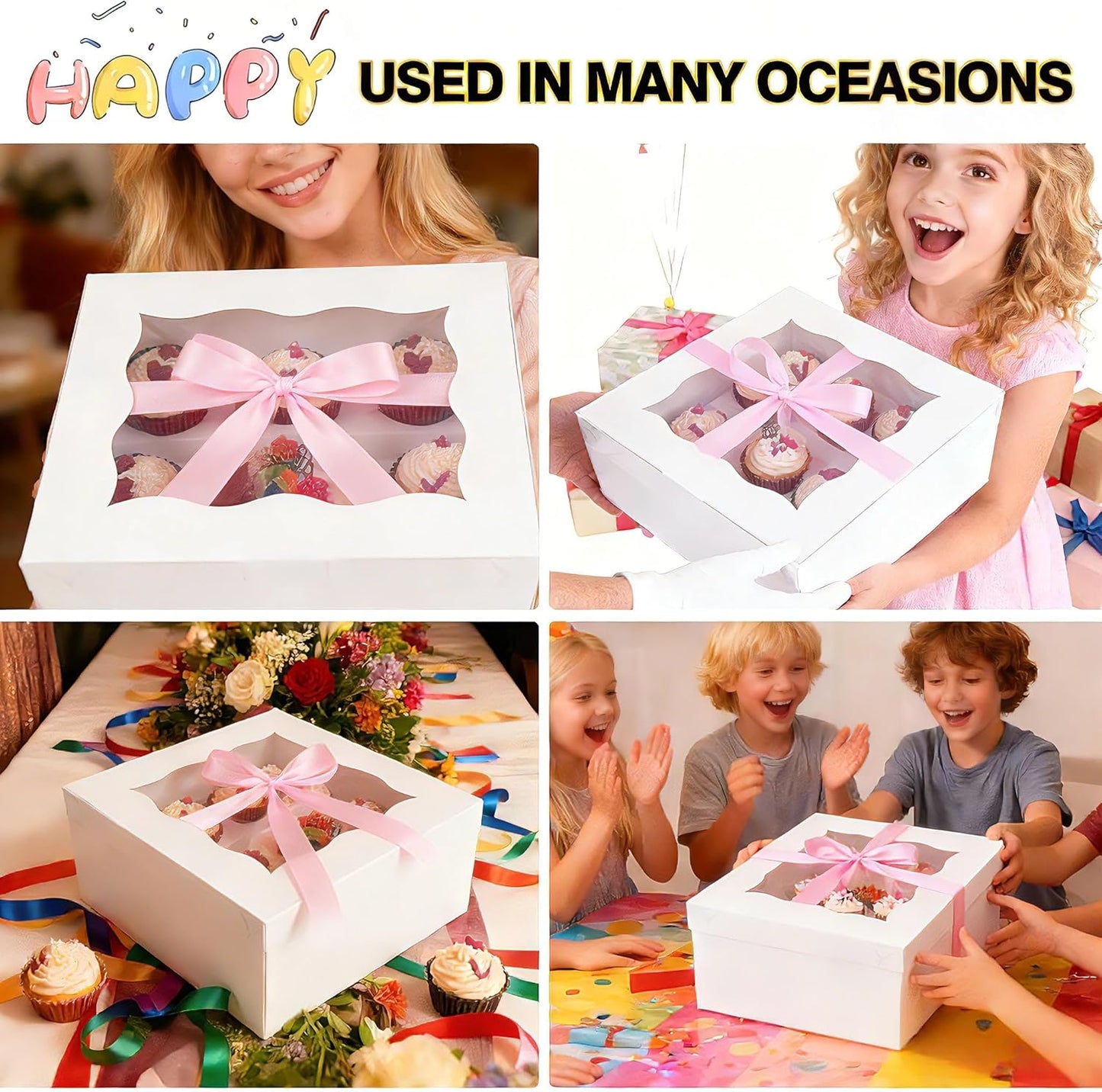 10-Pack Cupcake Box Combo with Clear Window, 1 Small Cake and 5 Cupcakes Storage Container, Ribbon and Stickers for Birthday Party, Mother's Day (10 pcs+ ribbon)