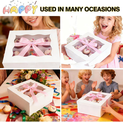 10-Pack Cupcake Box Combo with Clear Window, 1 Small Cake and 5 Cupcakes Storage Container, Ribbon and Stickers for Birthday Party, Mother's Day (10 pcs+ ribbon)