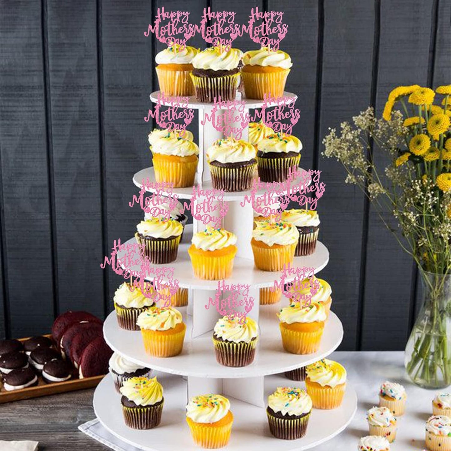 24 PCS Happy Mother's Day Cupcake Toppers with Glitter Heart Love Mother Best Mom Cupcake Picks for Happy Mother's Day Theme Women Birthday Party Cake Decorations Supplies Rose Gold