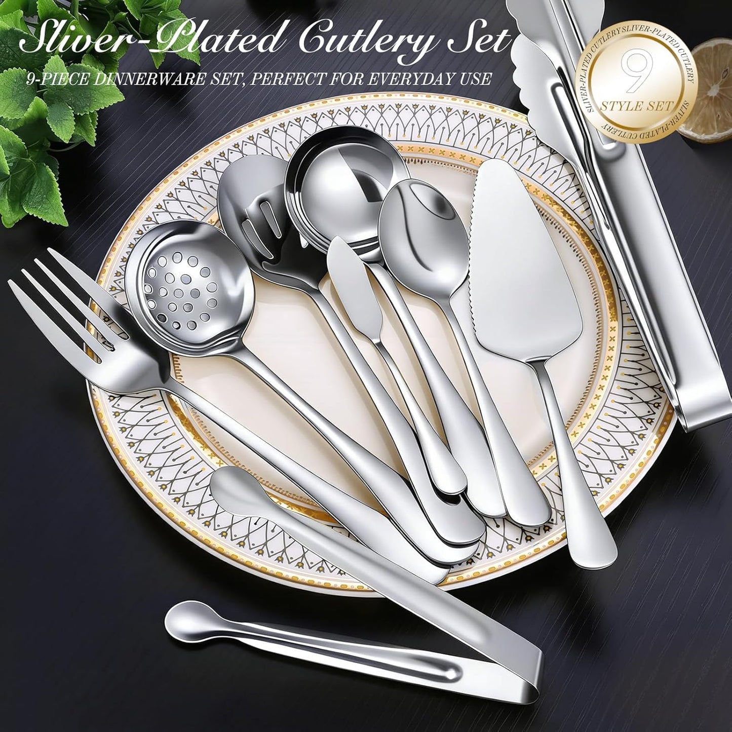 Mwellewm 17Pcs Serving Utensils, Gold Stainless Steel Serving Spoons, Slotted Spoon, Fork, Tongs, Cake Pie Server, Soup Spoon, Metal Buffet Banquet Cutlery Set for Parties Entertaining Catering