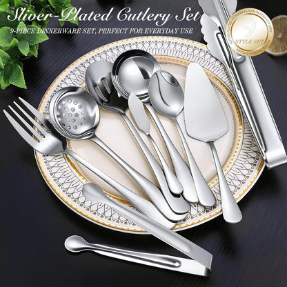 Mwellewm 17Pcs Serving Utensils, Gold Stainless Steel Serving Spoons, Slotted Spoon, Fork, Tongs, Cake Pie Server, Soup Spoon, Metal Buffet Banquet Cutlery Set for Parties Entertaining Catering
