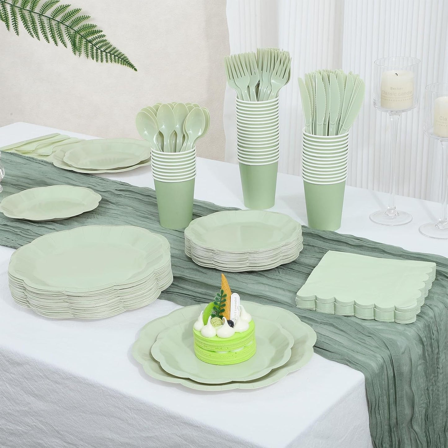 NatNarr 175 Pcs Sage Green Plates and Napkins Set, 25 Guest Sage Green Party Supplies Include Scalloped Paper Plate Napkin Cup Forks Knives Disposable Plastic Cutlery for Wedding Baby Shower Birthday