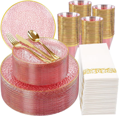 Rubtlamp 350 Pcs Clear Blue Plastic Plates, Blue Gold Plastic Dinnerware Set (50 Guests), Blue Disposable Plates With Gold Rim, Hammered Party Plates Set for Wedding And Party