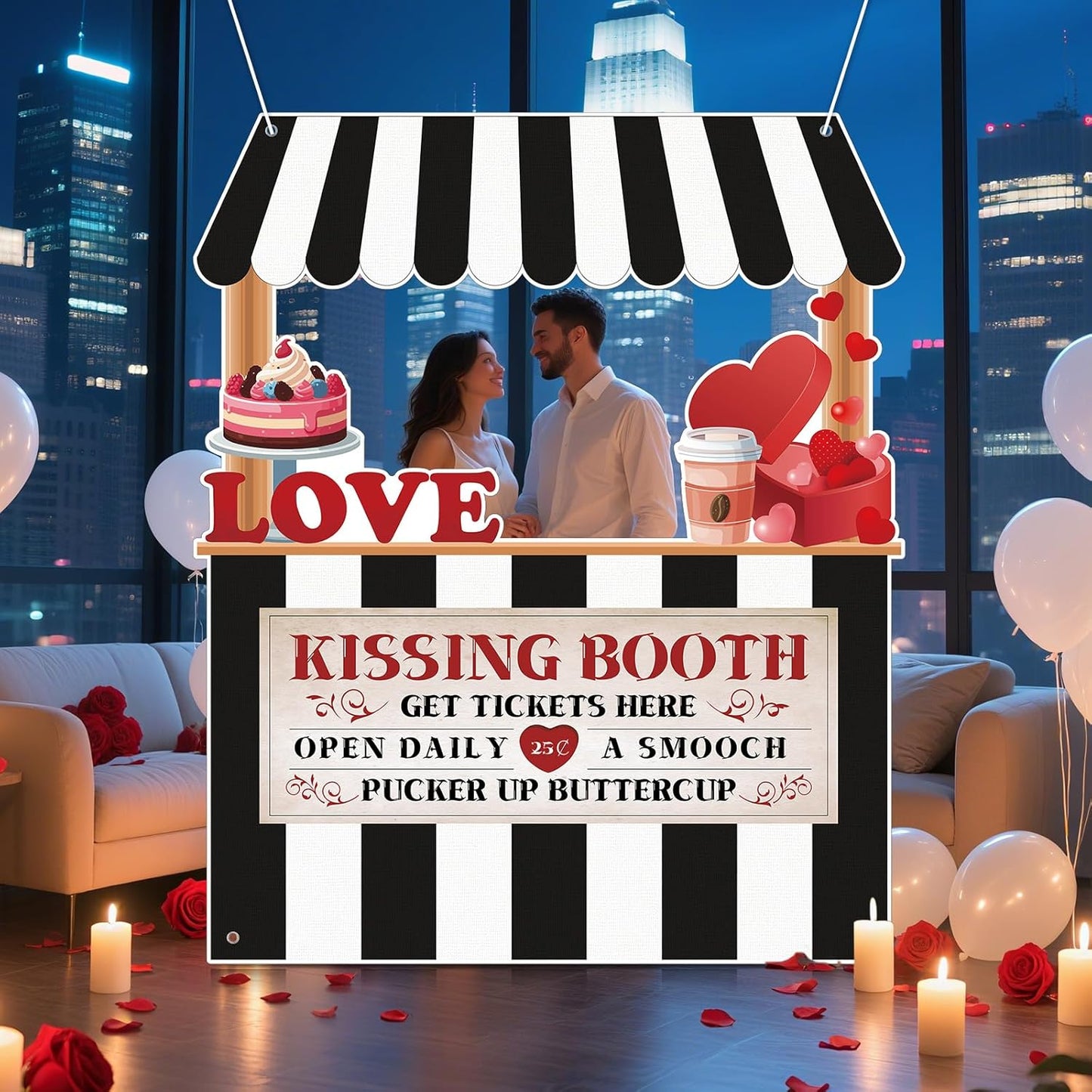 Valentine's Day Kissing Booth Backdrop Photo Prop Selfie Frame Movie Party Decor Black & White Love Theme Decoration Fabric Photo Backdrop for Holiday Event Carnival Party Celebration 71.3x59.6 Inch