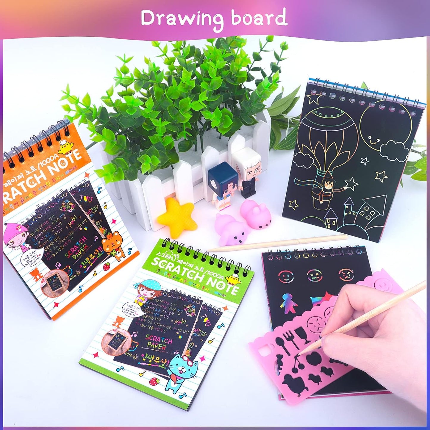 POKONBOY 16 Pack Scratch Arts and Crafts Notebooks, Scratch Note Pads for Kids Rainbow Party Favors Coloring Books for Kids Art Party Supplies Stocking Stuffers（16 Wooden Stylus & 4 Drawing Stencils）