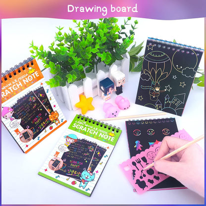 POKONBOY 16 Pack Scratch Arts and Crafts Notebooks, Scratch Note Pads for Kids Rainbow Party Favors Coloring Books for Kids Art Party Supplies Stocking Stuffers（16 Wooden Stylus & 4 Drawing Stencils）