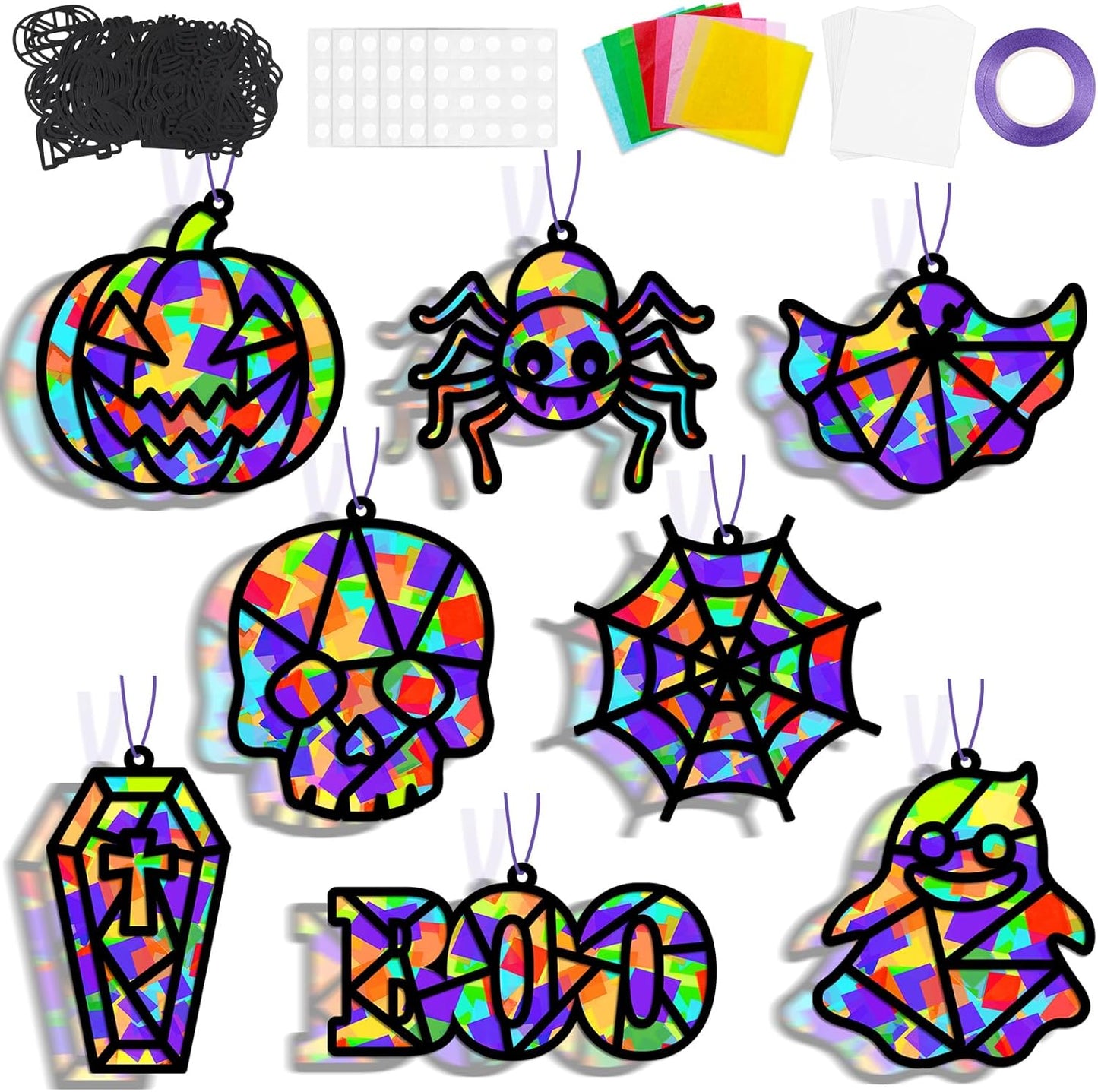 QOUBAI 32 Sets Stars Suncatchers Craft Back to School DIY Stained Glass Window Patriotic 4th of July Paper Craft Home School Classroom Decor Kid Birthday Gift Creative Art Activity Game - Colors B