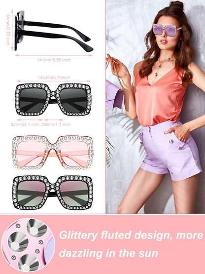 Flutesan 12 Pairs Women Disco Sunglasses Crystal Oversized Sunglasses 70s Rhinestone Diamond Retro Glasses for Rave Festival