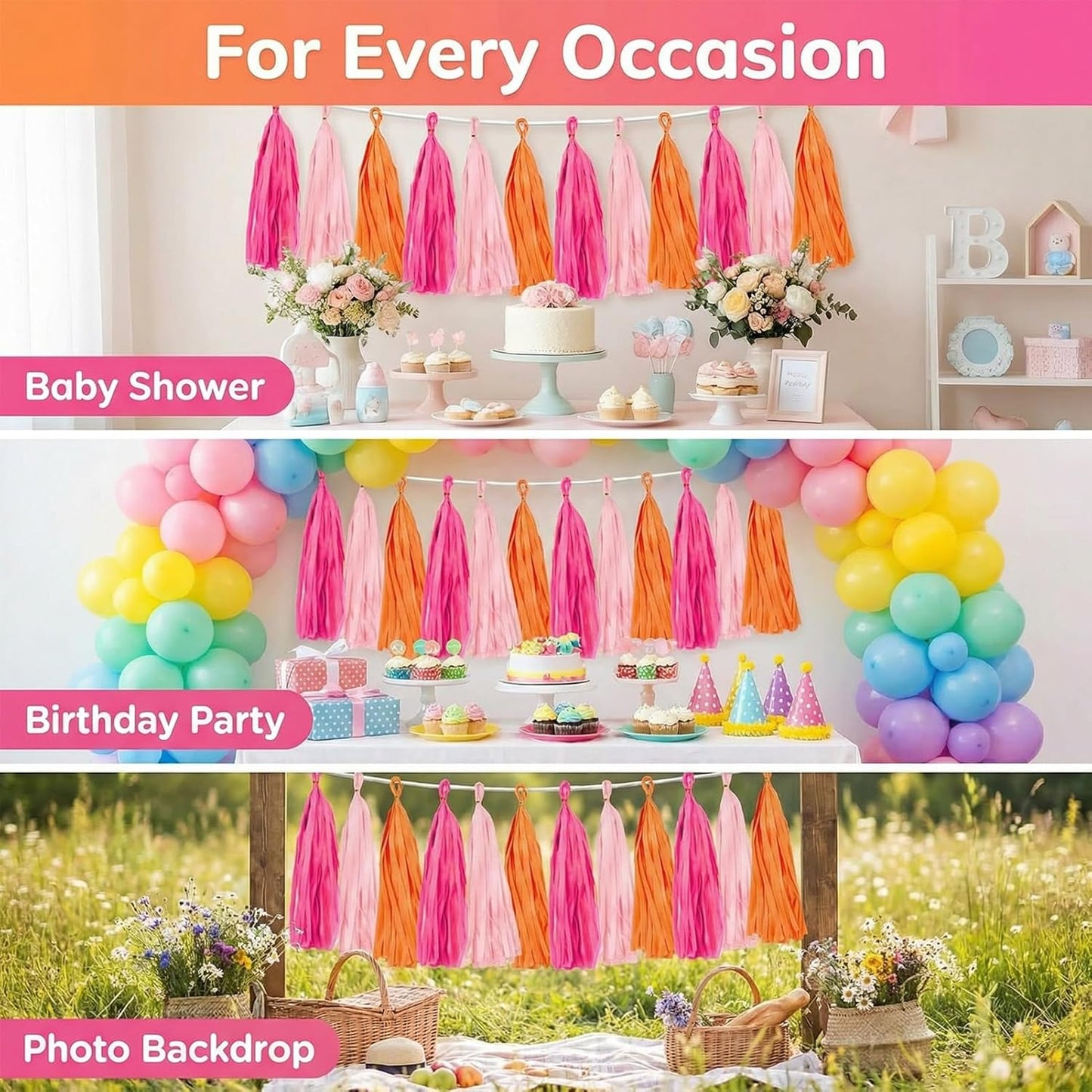 Tissue Paper Tassel Garland – 15-Pack Pink, Rose & Orange, 14-Inch DIY Party Decor for Baby Shower, Wedding & Photo Backdrop