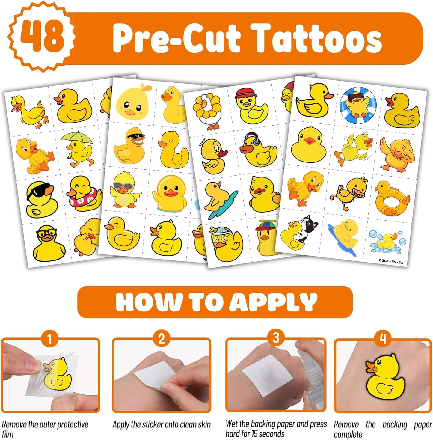 72PCS Duck Party Favors - 48PCS Pre-cut Temporary Tattoos & 24PCS Slap Bracelets - Cute Birthday Party Supplies, Decorations, Baby Shower Gifts, Classroom Prizes, and Rewards for Boys & Girls
