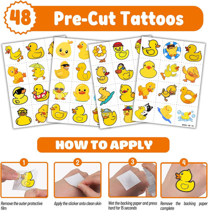 72PCS Duck Party Favors - 48PCS Pre-cut Temporary Tattoos & 24PCS Slap Bracelets - Cute Birthday Party Supplies, Decorations, Baby Shower Gifts, Classroom Prizes, and Rewards for Boys & Girls