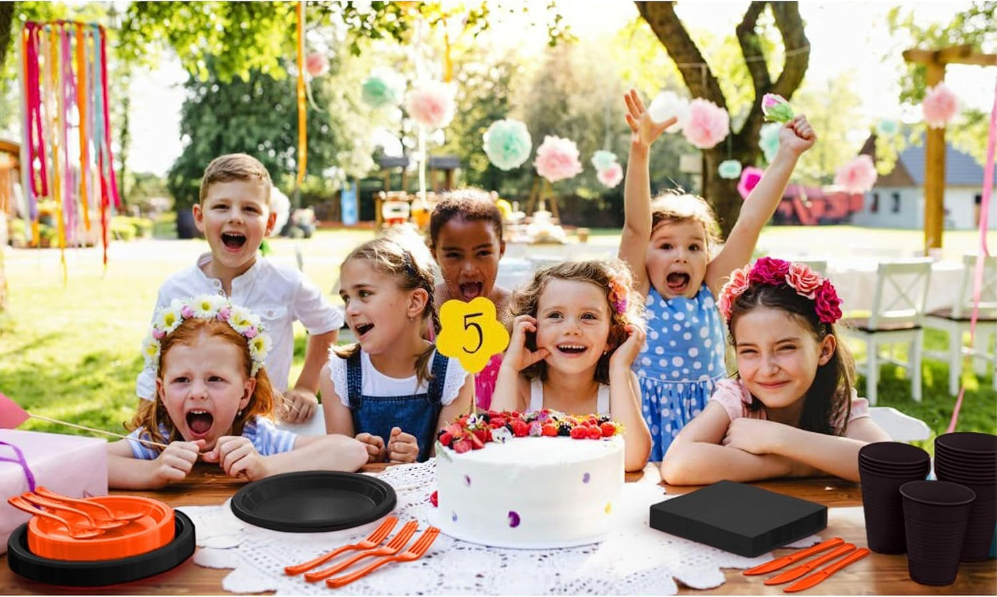 350 Pcs Black Plastic Plates For Party, Black Disposable Plates Set, 50 Of Each 9" Dinner Plate Set, 7" Dessert Plate, Cups, Napkins & Cutlery Plastic Dinnerware Set Exquisite