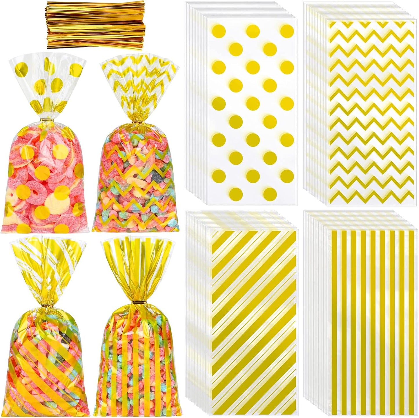 Aodaer 100 Pieces 10.6 x 5.1 In White Cellophane Bags Plastic Candy Gift Bag Cellophane Treat Bags with Twist Ties Stripes Polka Dot Printed Pattern Goodie Bag for Birthday Weddings Party Favors