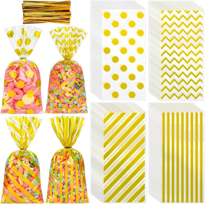 Aodaer 100 Pieces 10.6 x 5.1 In White Cellophane Bags Plastic Candy Gift Bag Cellophane Treat Bags with Twist Ties Stripes Polka Dot Printed Pattern Goodie Bag for Birthday Weddings Party Favors