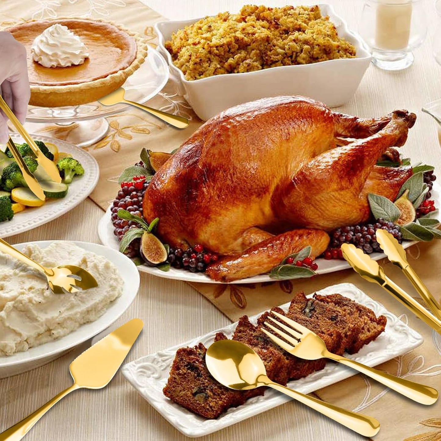 Serving Utensils, XEVOM 6-Piece Stainless Steel Serving Utensil Set Include Serving Spoon, Slotted Serving Spoon, Serving Fork,Serving Tong, Appetizers Tong,Pie Server (Silver), Regular