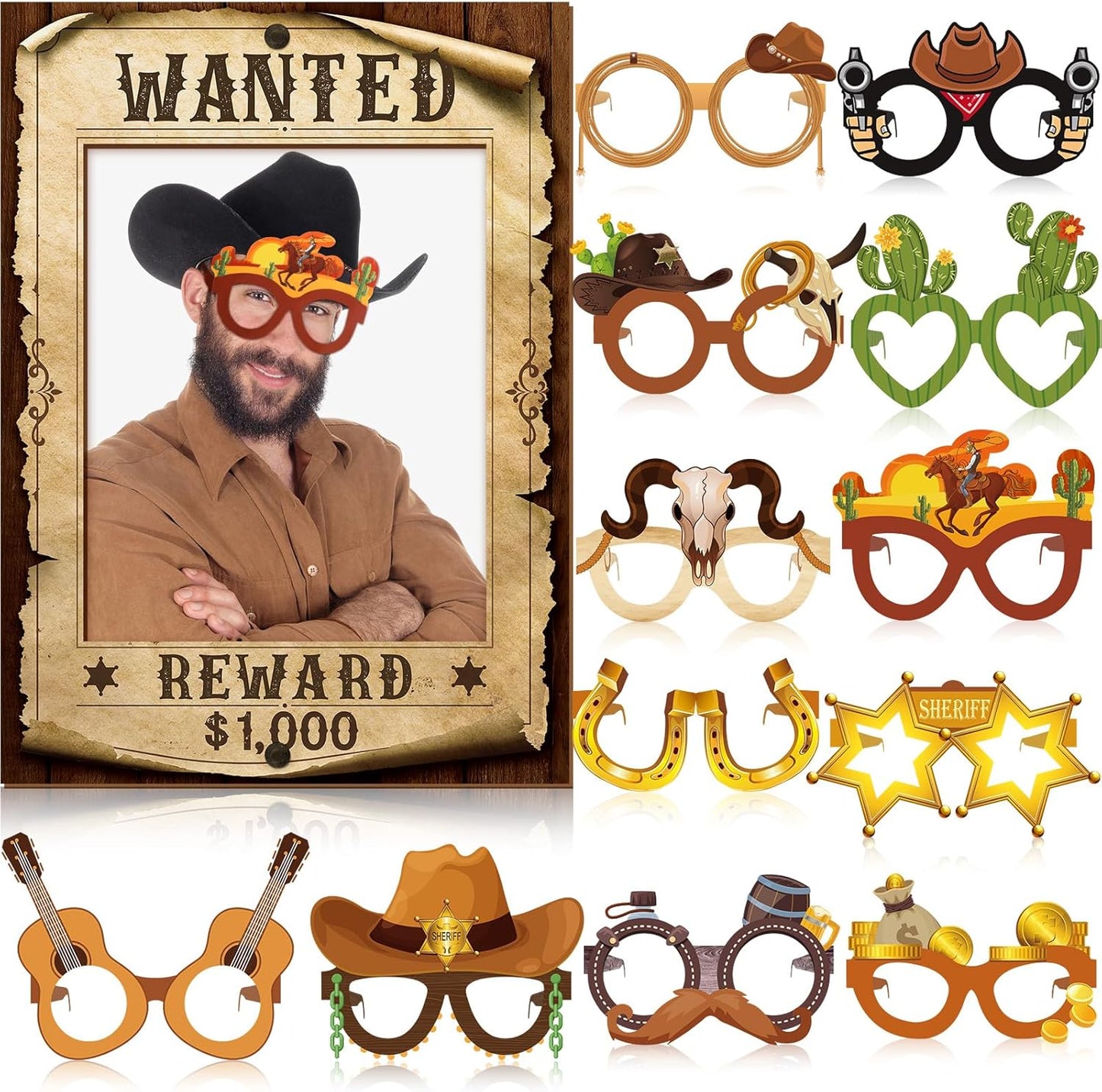 Jenaai 25 Pcs Western Cowboy Photo Booth Props with Wanted Frame, Wild West Party Decorations, Funny Paper Eyeglasses & Prop Kit for Rodeo Theme Birthday, Bachelorette Party Supplies Selfie Favors