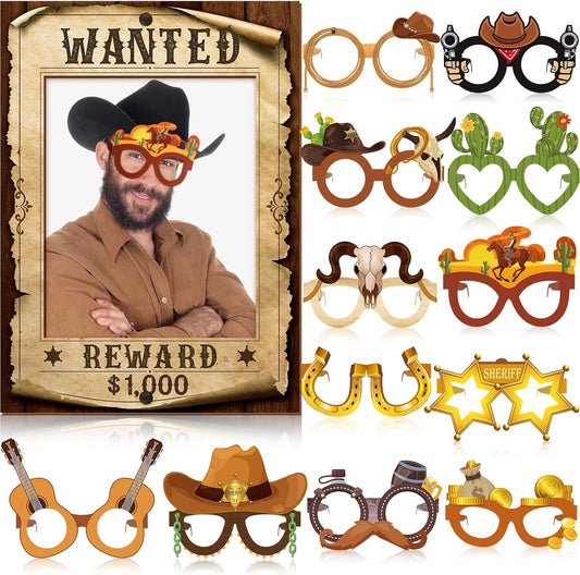 Jenaai 25 Pcs Western Cowboy Photo Booth Props with Wanted Frame, Wild West Party Decorations, Funny Paper Eyeglasses & Prop Kit for Rodeo Theme Birthday, Bachelorette Party Supplies Selfie Favors