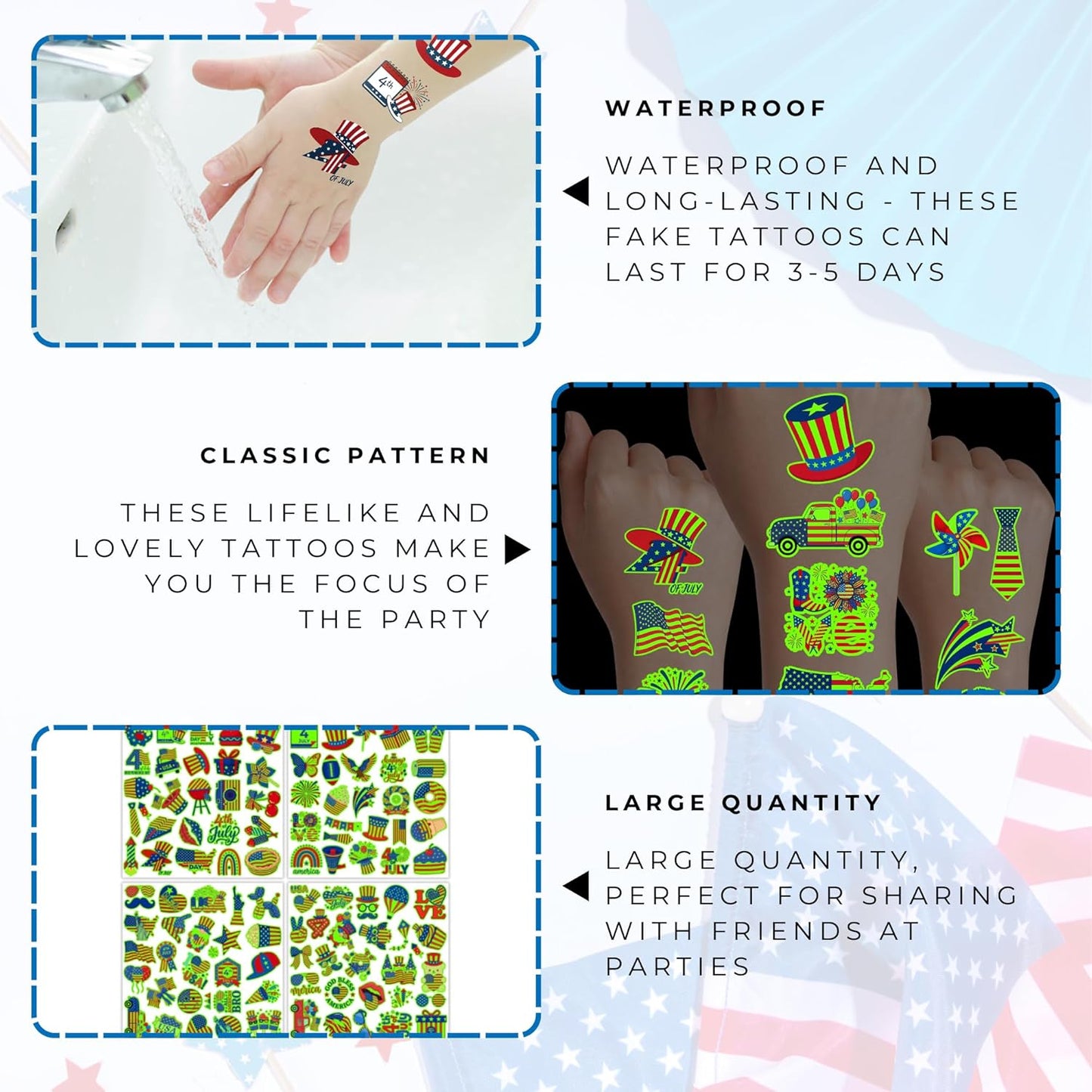4th of July Temporary Tattoos - 105 PCS USA stickers Fourth of July Party Favors Supplies Decorations Patriotic Accessories Memorial Labor Independence Day Red White Blue American Flag