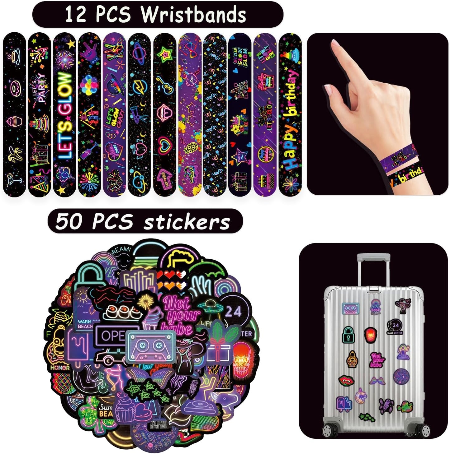 74 Neon Party Favors 50PCS Cool Neon Sign Vinyl Stickers 24PCS Glow Slap Bracelets Wristbands Neon Theme Birthday Party Decorations Glow in The Dark Party Supplies Favors