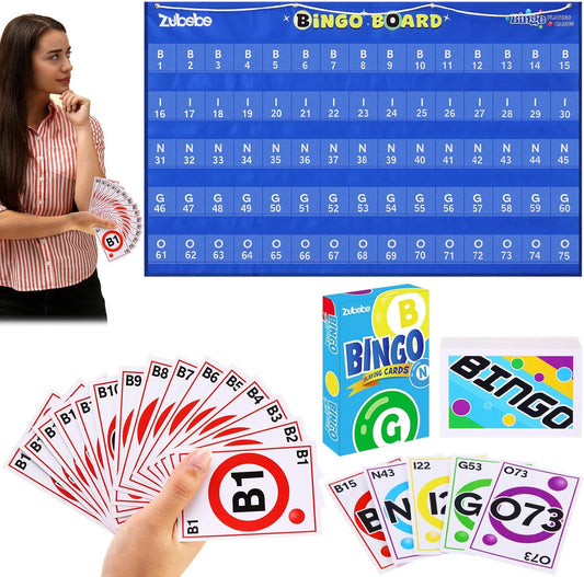 Zubebe 2 Pack Manual Bingo Masterboard Pocket Chart with Bingo Calling Cards Deck Reusable 59×35 Giant Bingo Poster with 75 Pockets for Family Number Bingo for Adults Large Board Groups