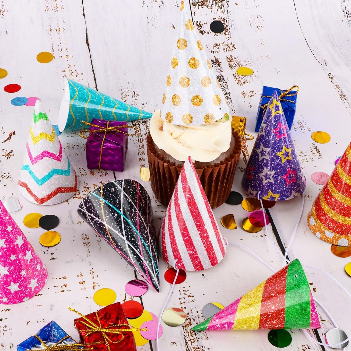 Hooqict 10 PCS Mini Party Hats for Stuffed Animals Kids Birthday Hats Glitter Paper Cake Cone Hats for Pet Birthday Baby Shower Party Supplies, Assorted