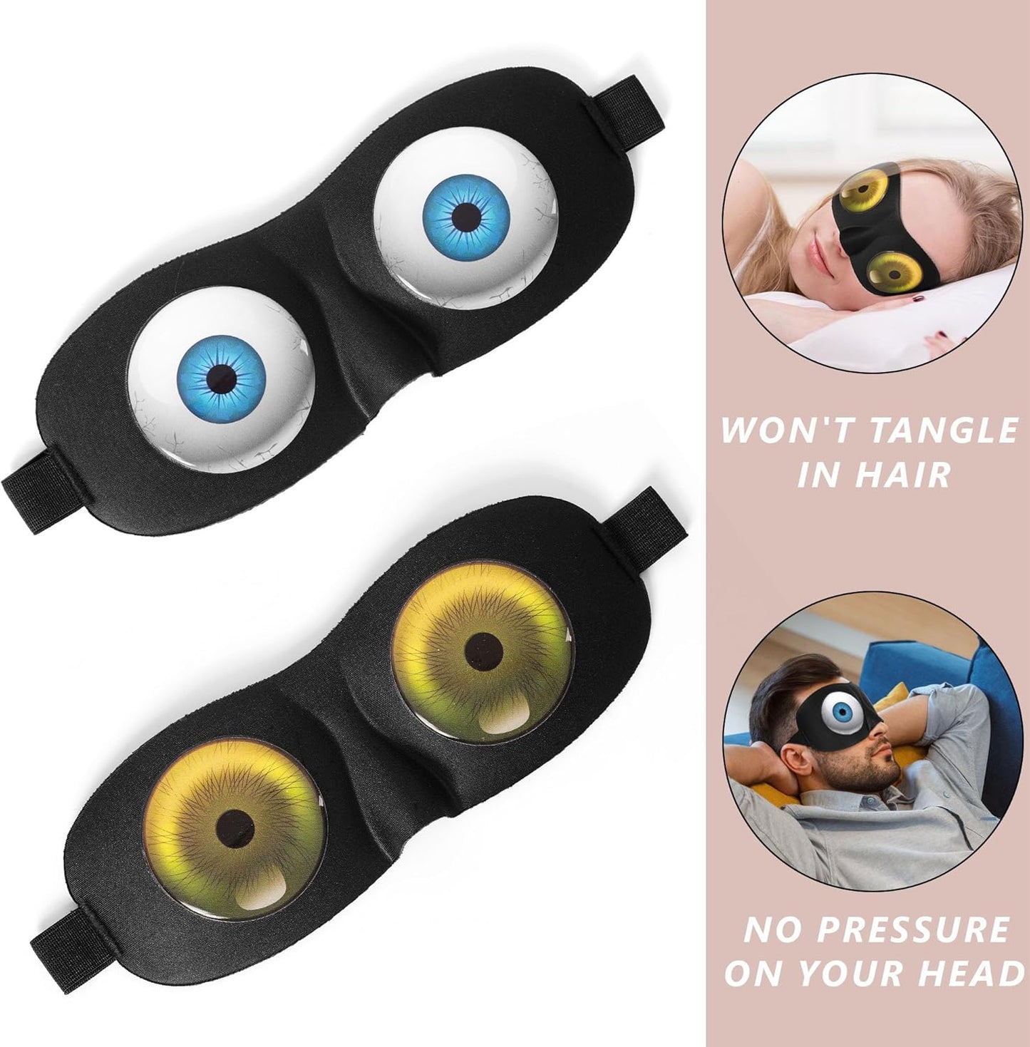 Sleep Eye Mask for Men Women Kids Funny 3D Sleeping Mask Adjustable Strap 2 Pack Eye Shade Cover for Travel, Black(Assorted A)