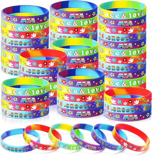 24 Pcs 60's Hippy Retro Groovy Silicone Bracelets Wristbands Party Decoration Peace Love 60's Hippy Favor for 60s Hippie Groovy Party Supplies
