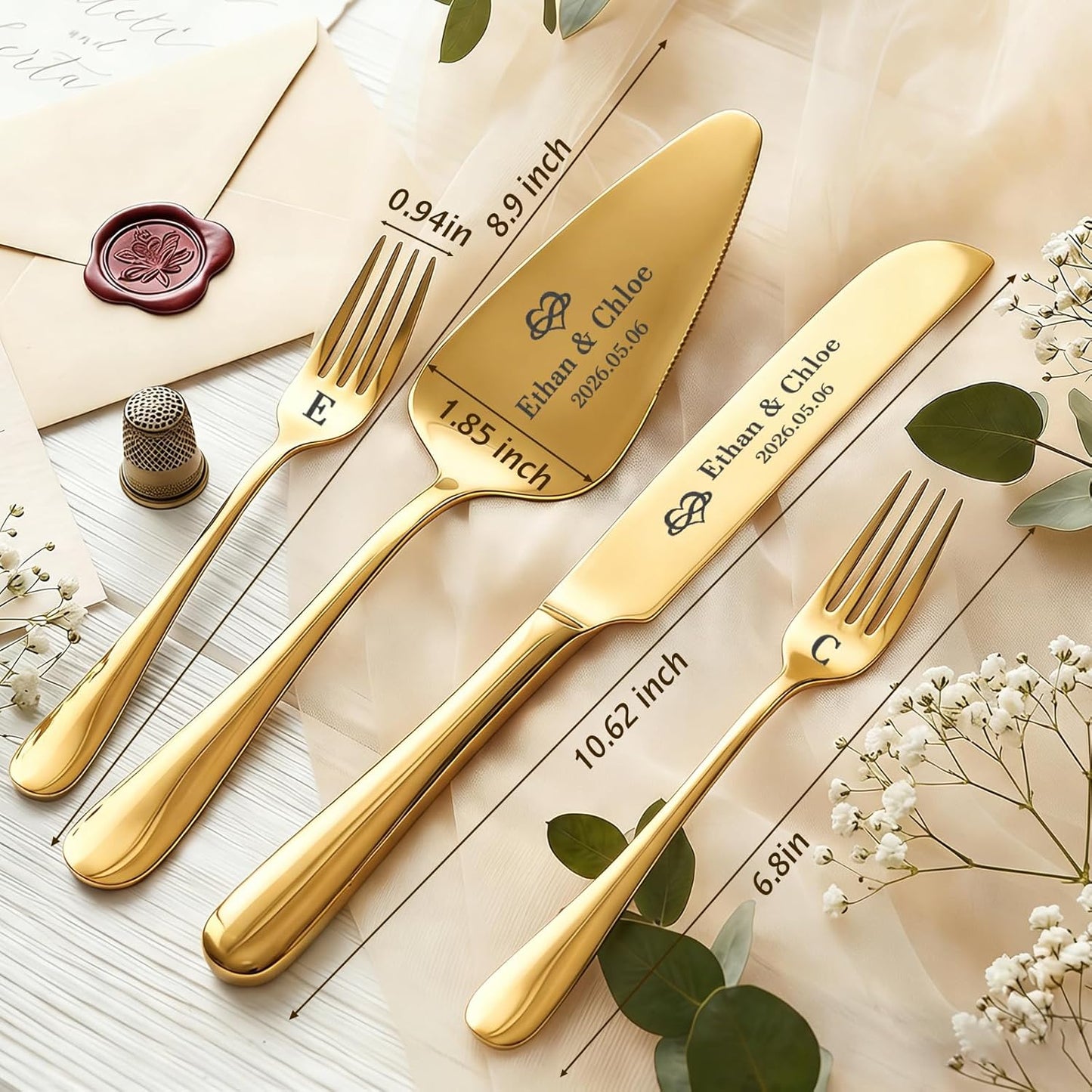 Custom Wedding Cake Cutting Set, Engraved Knife & Server with Names, Ideal Wedding Gift for Couples Bridal Showers Anniversaries (Gold)