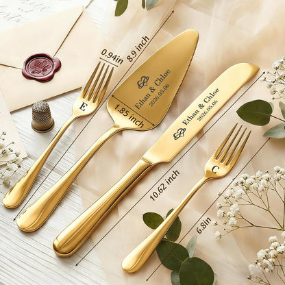 Custom Wedding Cake Cutting Set, Engraved Knife & Server with Names, Ideal Wedding Gift for Couples Bridal Showers Anniversaries (Gold)